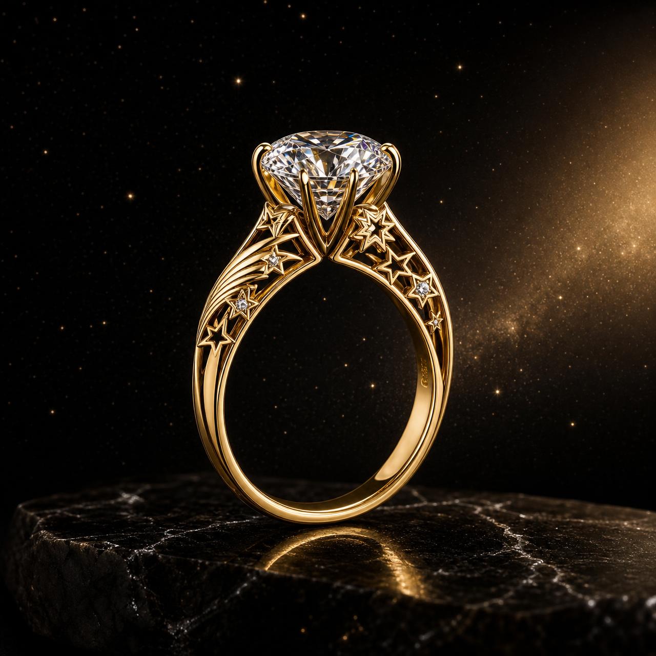 Panastara star-cathedral engagement ring in 18ct yellow gold with a lab-grown brilliant centre diamond and pierced star shoulders